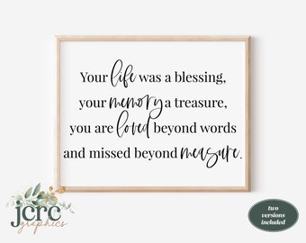 Your Life Was A Blessing Your Memory A Treasure SVG | Missed Beyond Measure SVG | Memorial SVG | In Loving Memory svg | Sympathy svg