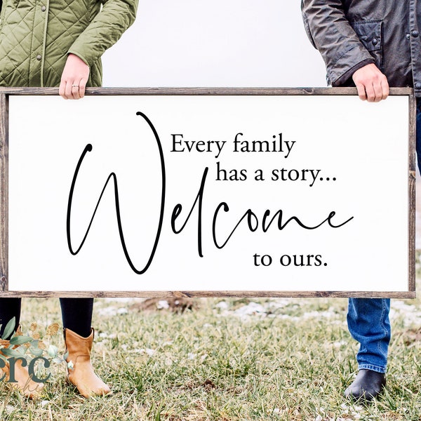 Jede Familie hat eine Geschichte willkommen in unserem SVG-| Wohnzimmerschild | Eingangsschild | Veranda Dekor | Einweihungsgeschenk | Modernes Bauernhaus Schild