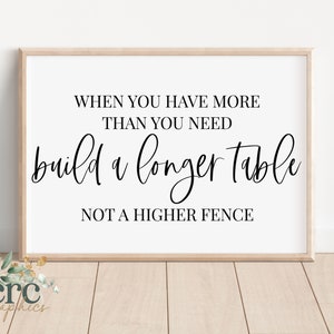May include: A black and white printable wall art print with the quote "When you have more than you need, build a longer table, not a higher fence."
