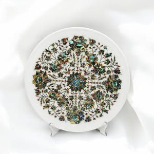 Marble Collectible Plate with Paua Shell Gemstone Inlay Ideal for Gifting and Home Decoration