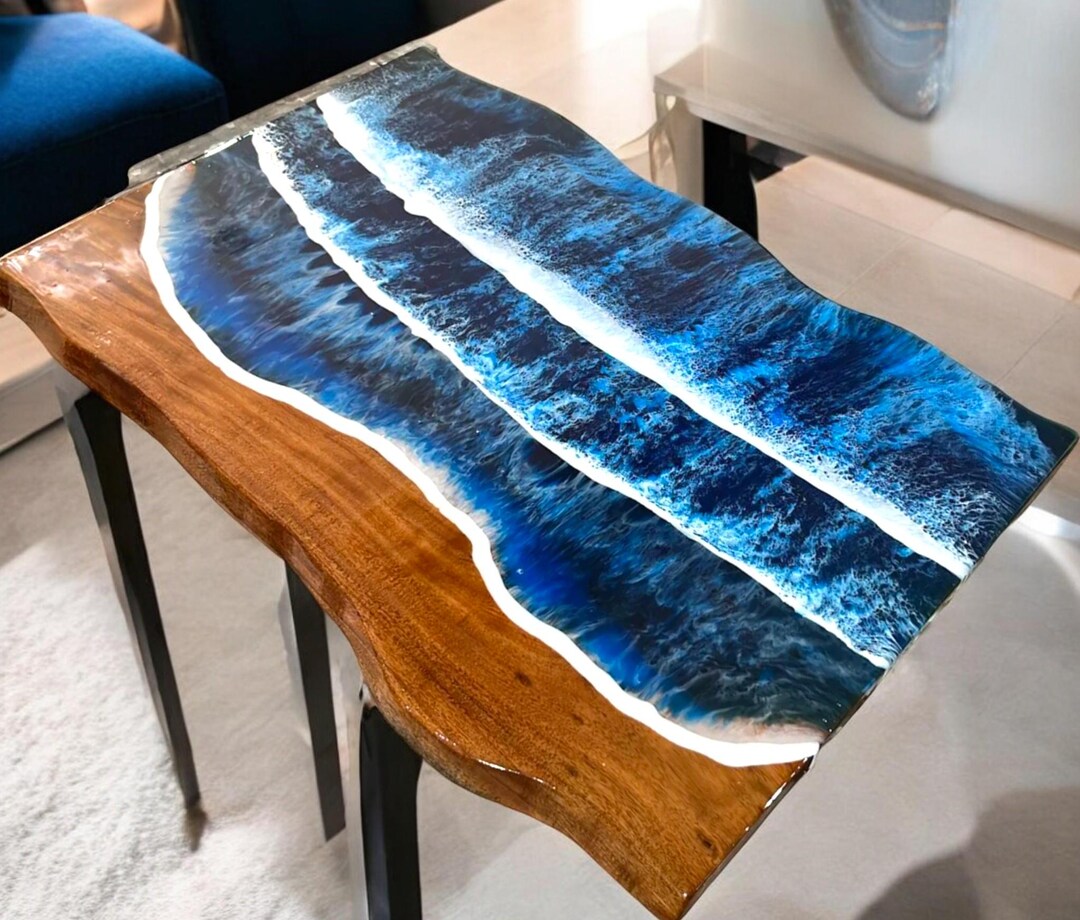 Custom Blue Ocean Wave Epoxy Resin Dining Table Top Handmade Live Edge ...