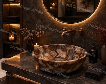 Luxury Agate Bathroom Sink, Round Gemstone Vessel Basin for Modern Vanity
