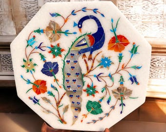 Marble Wall Tile Antique Semi Precious Inlaid Multi Gemstone Unique Peacock Design Handmade Gifts