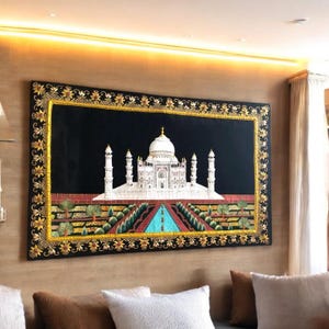 Taj Mahal Tapestry: 48&quot; Handmade Zardozi Silk Embroidery Wall Hanging