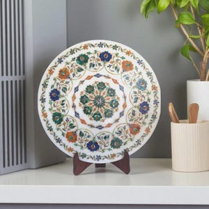 12&quot;Handmade Marble Plate with Precious Stone Inlay Design Marquetry Kitchen Decor