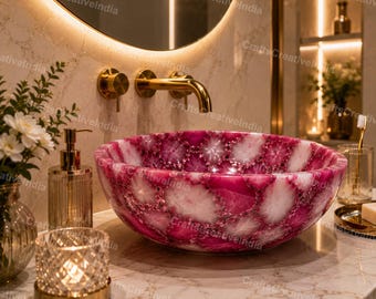 Pink Agate Vessel Sink, Luxury Gemstone Bathroom Basin, Handmade Stone Wash Bowl