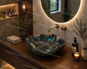 Labradorite Sink | Natural Stone Vessel Sink | Luxury Crystal Wash Basin Bathroom Decor