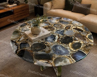 Round Agate Coffee Table – Luxury Stone Center Table – Modern Living Room Furniture – Handmade Statement Piece