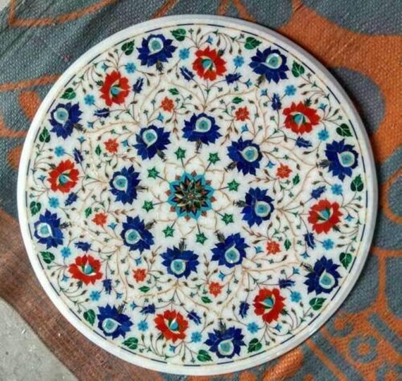 Floral Marquetry White Marble Table Top: Handmade Gemstone Inlay (30x30 Inches)