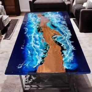 Handmade Sofa Center Table Top Live Edge Wood Slab Ocean-inspired River Epoxy Countertop for Home & Office Decor, Sea Theme Coffee Table