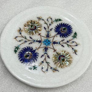 7&quot; Handcrafted Marble Plate with Semi-Precious Inlay Art Gift for Mom