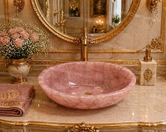 Rose Quartz Oval Vessel Sink – Natural Pink Stone Wash Basin – Luxury Bathroom Vanity Bowl – Handmade Countertop Sink