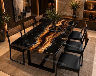 Black Epoxy Resin Dining Table with Natural Live Edge Wood River, Handmade Luxury Statement Furniture for Modern Dining Room