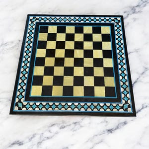 Handmade Black Marble Chess Table Top: Floral Inlay Stone Art