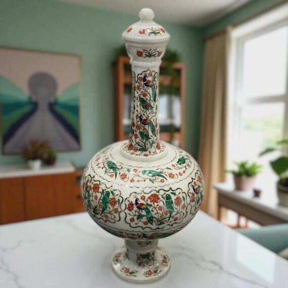 インド産　天然大理石細工　ベース　花瓶 手作り大理石製花瓶：インドの象嵌宝石デザイン、高さ20インチ - Etsy 日本