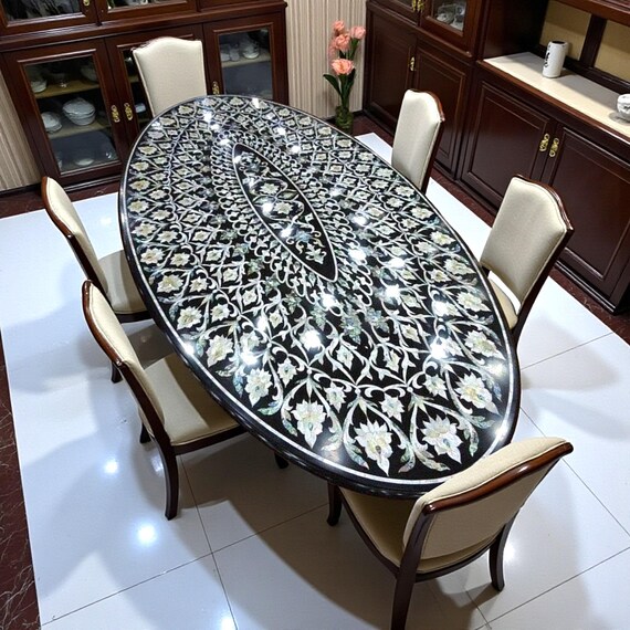 Handmade Oval Dining Table Floral Mother of Pearl Inlay Marble Furniture