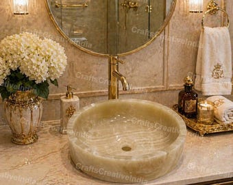 Royal Onyx Stone Vessel Sink – Luxury Bathroom Vanity Basin, Handmade Natural Stone Wash Basin