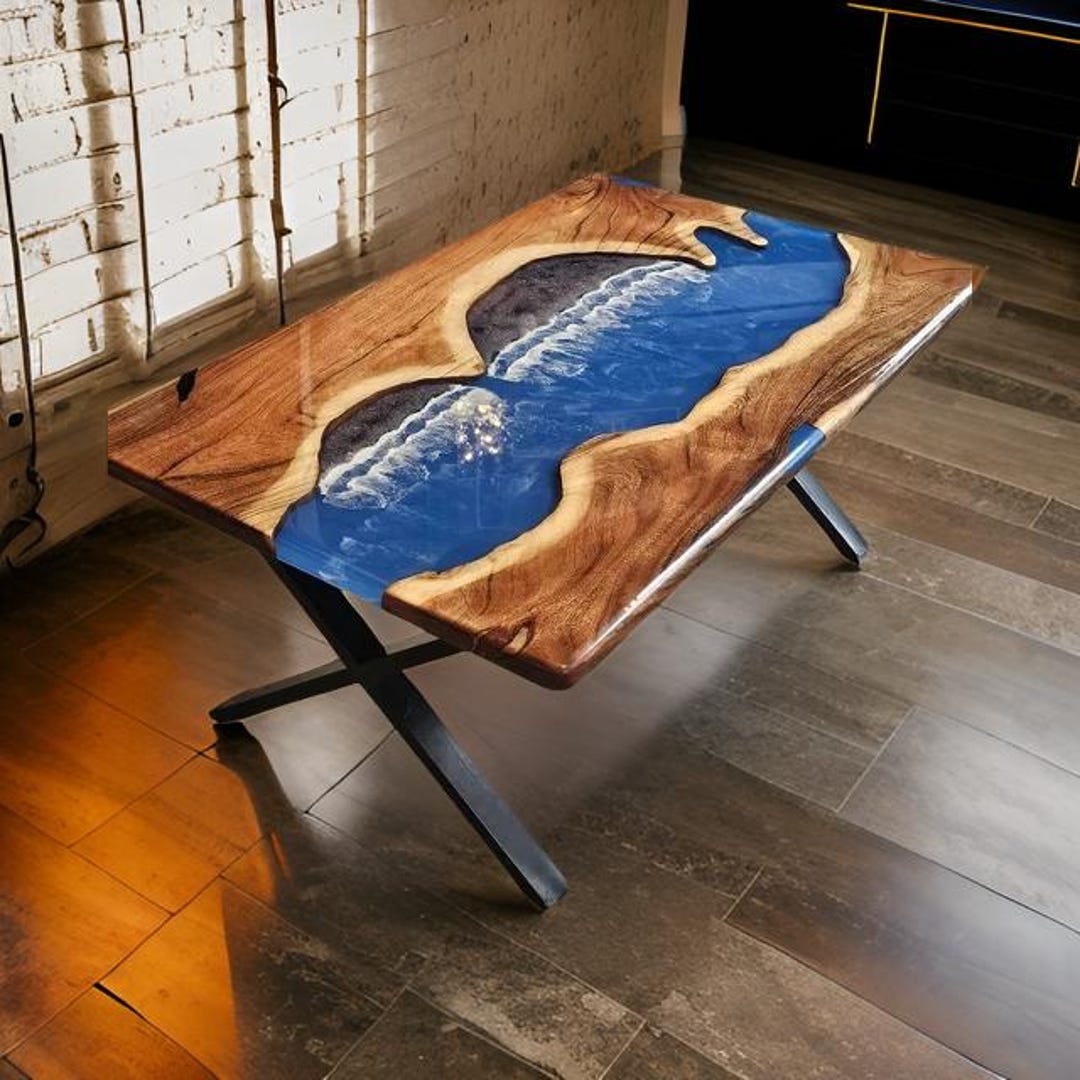Luxurious Blue Ocean Wave Epoxy Resin Dining Table Top Natural Acacia ...