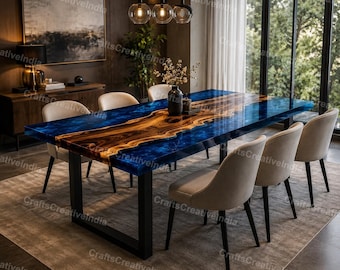 Solid Wood Epoxy Dining Table, Blue Resin River Furniture, Live Edge Custom Made to Order