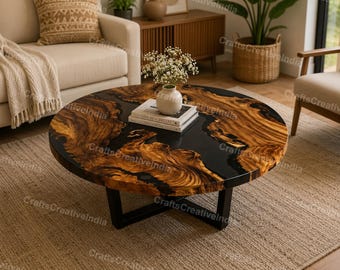 Smoky Black Epoxy Resin Coffee Table, Round Modern Accent Contemporary  Furniture