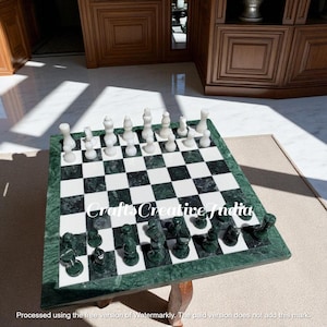 Handmade Green Marble Chess Set: Stone Pieces, Inlaid Gemstones