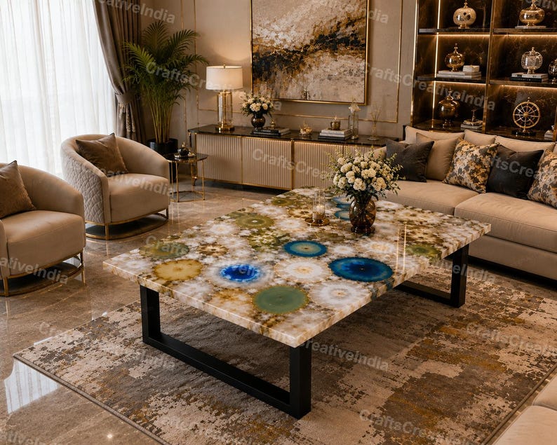 Large Rectangular Agate Coffee Table, Luxury Gemstone Center Table for Living Room Decor image 3