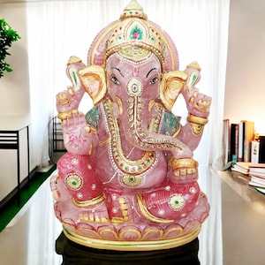 Hand-Painted Rose Quartz Ganesha Statue: Hindu God Sculpture, 9&quot;