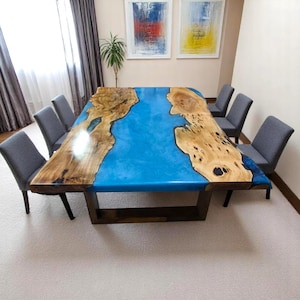 Live Edge Dining Room Table, Blue River Epoxy Table Top, Rectangle Coffee Table, Luxury Furniture