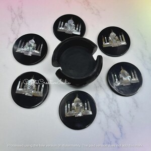 Black Marble Coaster Set MOP Inlay Taj Mahal Handmade Design Drinkware & Tableware Decor