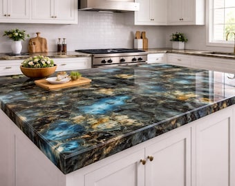 Luxury Labradorite Slab Countertop Kitchen Island Dining Table Top Iridescent Stone Polished Surface Modern Interior Design