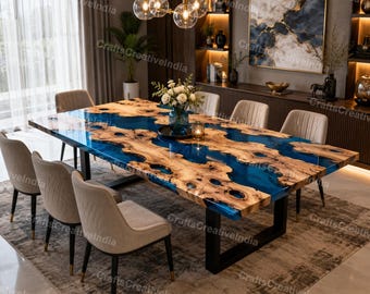 Handmade Blue Resin Table, Natural Wood River Table, Luxury Dining Room Centerpiece