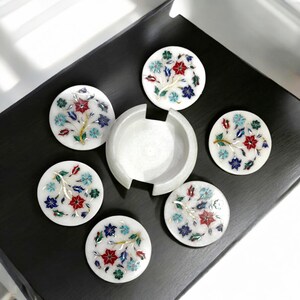 Decorative Marble 6 Coasters with Holder Multi Semi-Precious Stones Perfect Housewarming Gift