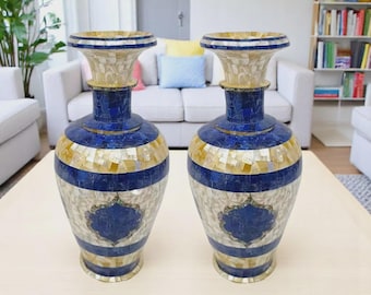 インド大理石　壺 手作り大理石製花瓶：インドの象嵌宝石デザイン、高さ20インチ