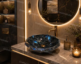 Labradorite Stone Vessel Sink, Blue Flash Gemstone Wash Basin for Luxury Bathroom