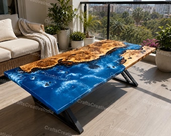 Ocean Blue Epoxy River Dining Table, Burl Wood Top, Live Edge River Modern Furniture