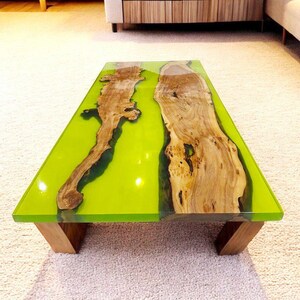 Live Edge Wood Sofa Table: Yellow Epoxy Resin, Mid Century Modern