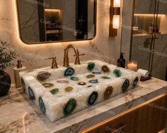 White Quartz and Agate Vessel Sink, Handmade Gemstone Bathroom Basin