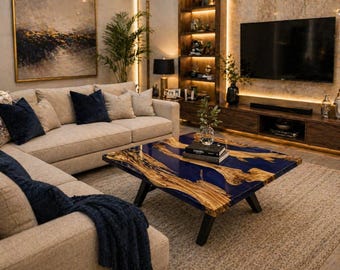 Blauw epoxyhars tafelblad – vierkante tafel van hout en hars, handgemaakt modern meubilair