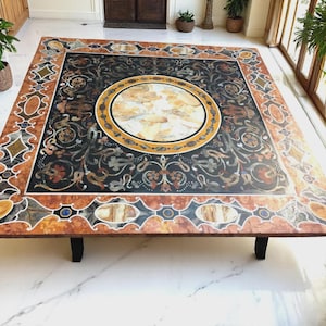 Square Black Marble Center Dining Table Top Semi Precious Natural Gemstone Pietra Dura Inlay Work for Art Decorative Handmade Furniture