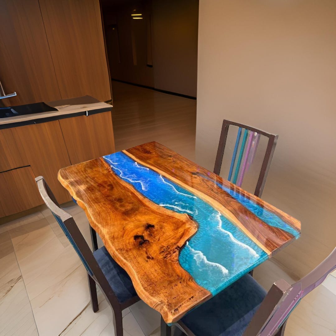 Live Edge Blue Epoxy Ocean Wave Dining Table Top Luxury Kitchen Slab ...