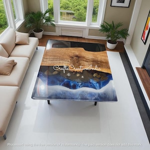 Handmade Ocean Resin Coffee Table: Square Epoxy & Natural Wood