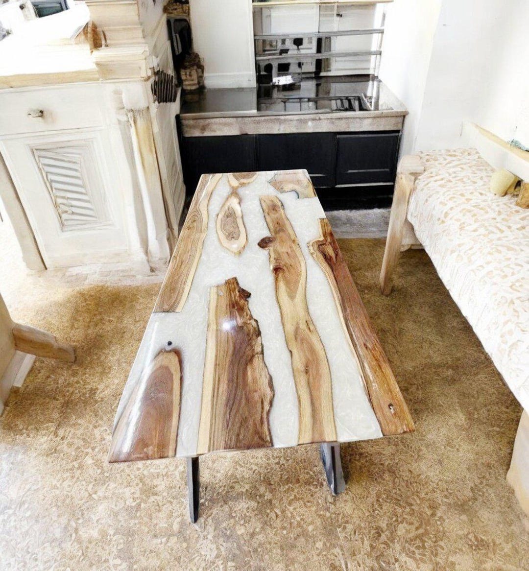 Live Edge Epoxy Coffee Table: Custom White Resin Rectangle - Etsy