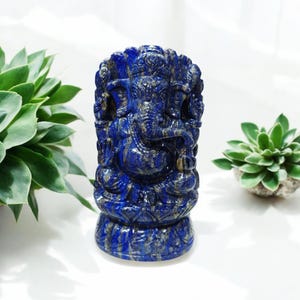 Carved Lapis Stone Ganesha Statue Good Luck Handmade Home Decor Figurine Collectible Auspicious Sculpture