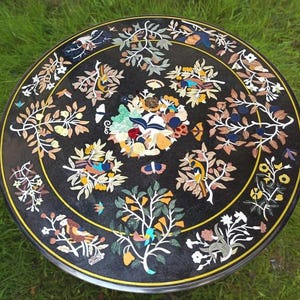 Black Marble Round Coffee Table Multi Semi Precious Inlay Gemstone Floral Pietra Dura Art Handmade Cafeteria Modern Top Living Room Decors