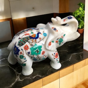 Inlaid Gemstone Elephant Figurine: Handmade White Marble Sculpture