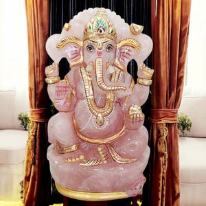 Exquisite Rose Quartz Ganesha Statue 5&quot; Handcrafted Hindu Religious Figurine Collectible Home & Pooja Room Decor