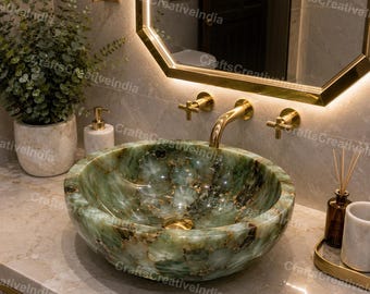 Handmade Green Agate Stone Vessel Sink Luxury Crystal Wash Basin for Bathroom Interior