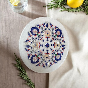 Collectible Marble Serving Plate Dish Round Multi Semi Precious Inlaid Stone Kitchen Tableware Decor