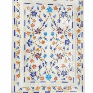 Indian Marble Serving Tray with Multi-Precious Gemstone Inlay Marquetry Fine Art Decor Handmade Gift