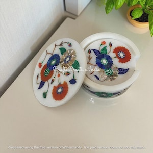 Unique Marble Coasters, Set of 6 Drink Coasters, Semi Precious Gemstone Inlay Coasters, Tea Coaster, Luxury Home Decor